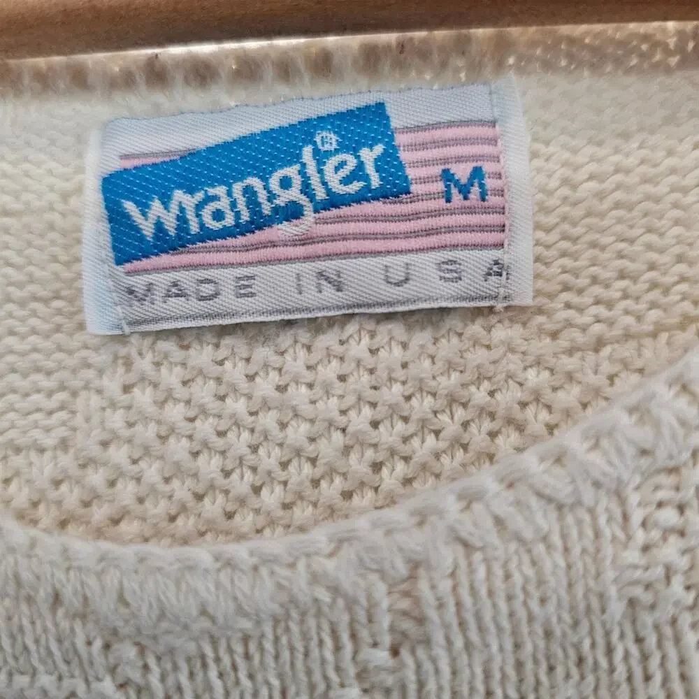 Vintage Wrangler Sweater Women Med White Floral Knit Twee Preppy Cottage 80s